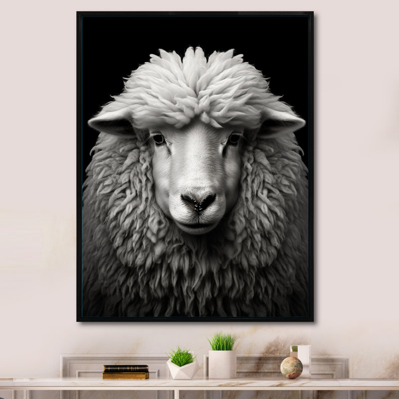 Gris, mouton blanc, noir et blanc - animaux, reproduction sur toile, H 40 po x l 30 po x P 1,5 po, Cadre flottant noir