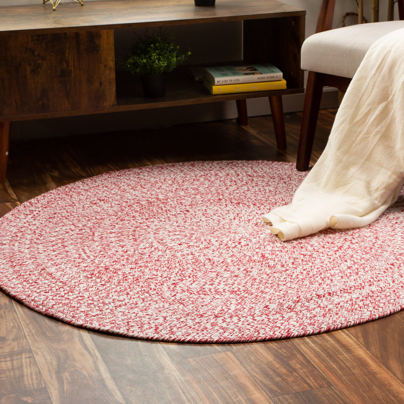 Etherton Farmhouse Braided Cotton Red/White Area Rug, Round 6'