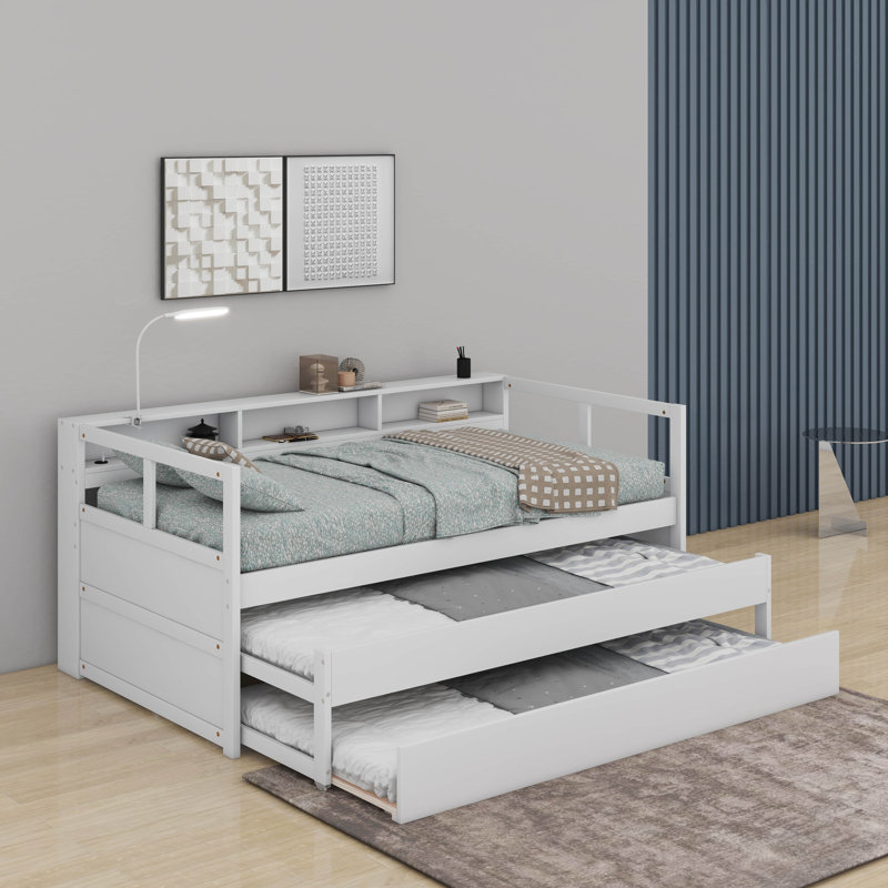 Twin XL Wood Daybed With 2 Trundles, Storage Cubbies, 1 Light For Free And USB, White