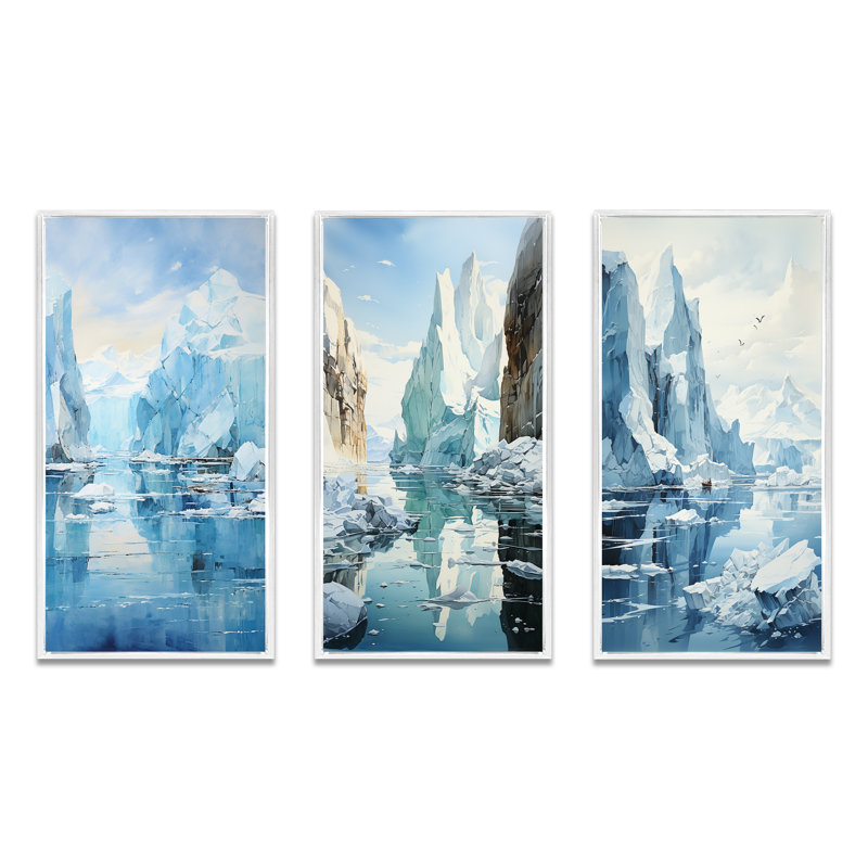 «Blue Iceberg Arctic Symphony», 3 pièces sur toile, Cadre blanc, H 32 po x l 48 po