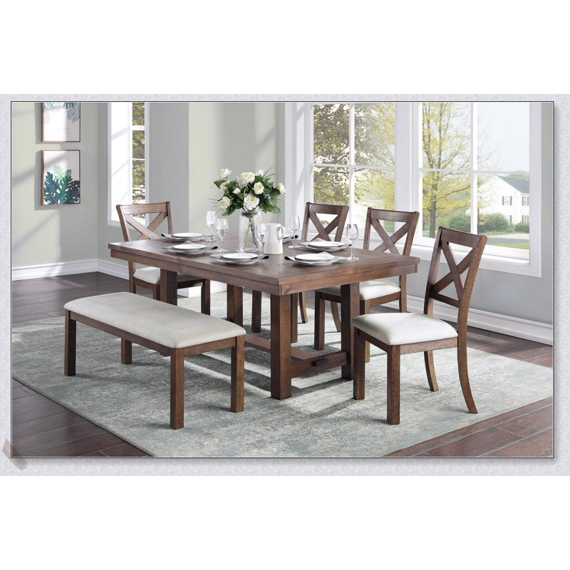 Brown Finish 6-Piece Dining Set with Rectangular Table, Bench, and Beige Upholstered Side Chairs for Transitional Kitchens
