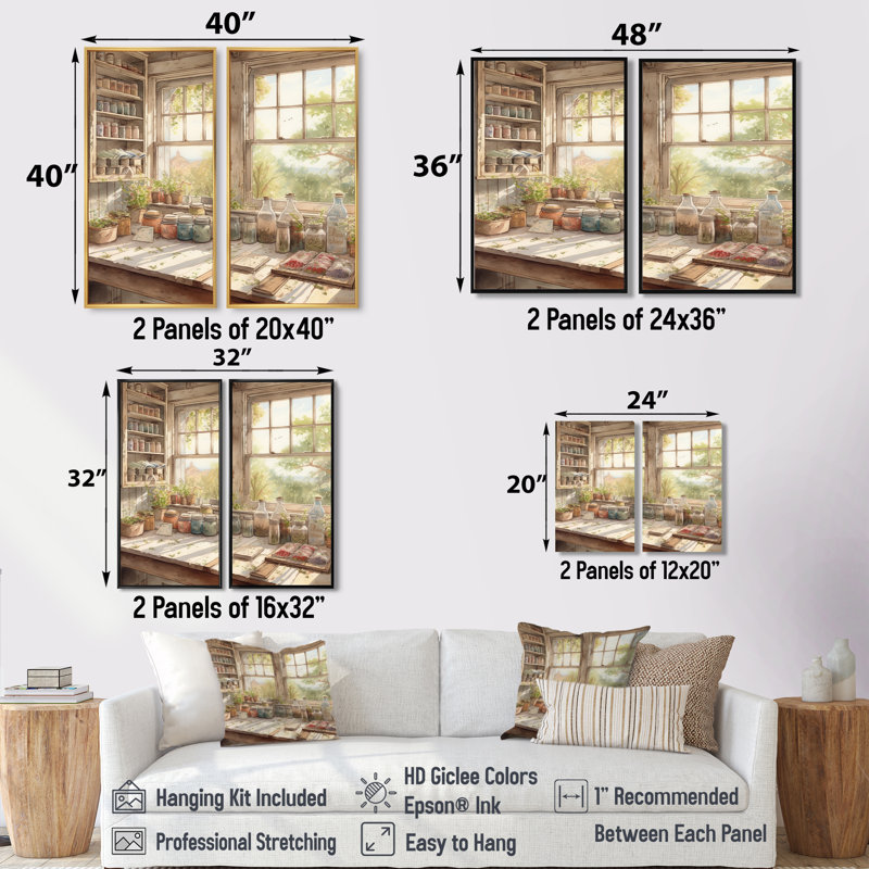 «Old Farmhouse Kitchen» - art mural traditionnel beige 2 panneaux, H 36 po x l 48 po, Impression encadrée flottante, Doré