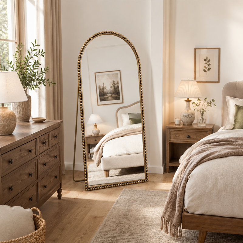 Miroir arqué pleine longueur en fer rétro avec pieds de soutien robustes convenant au salon et à la chambre à coucher