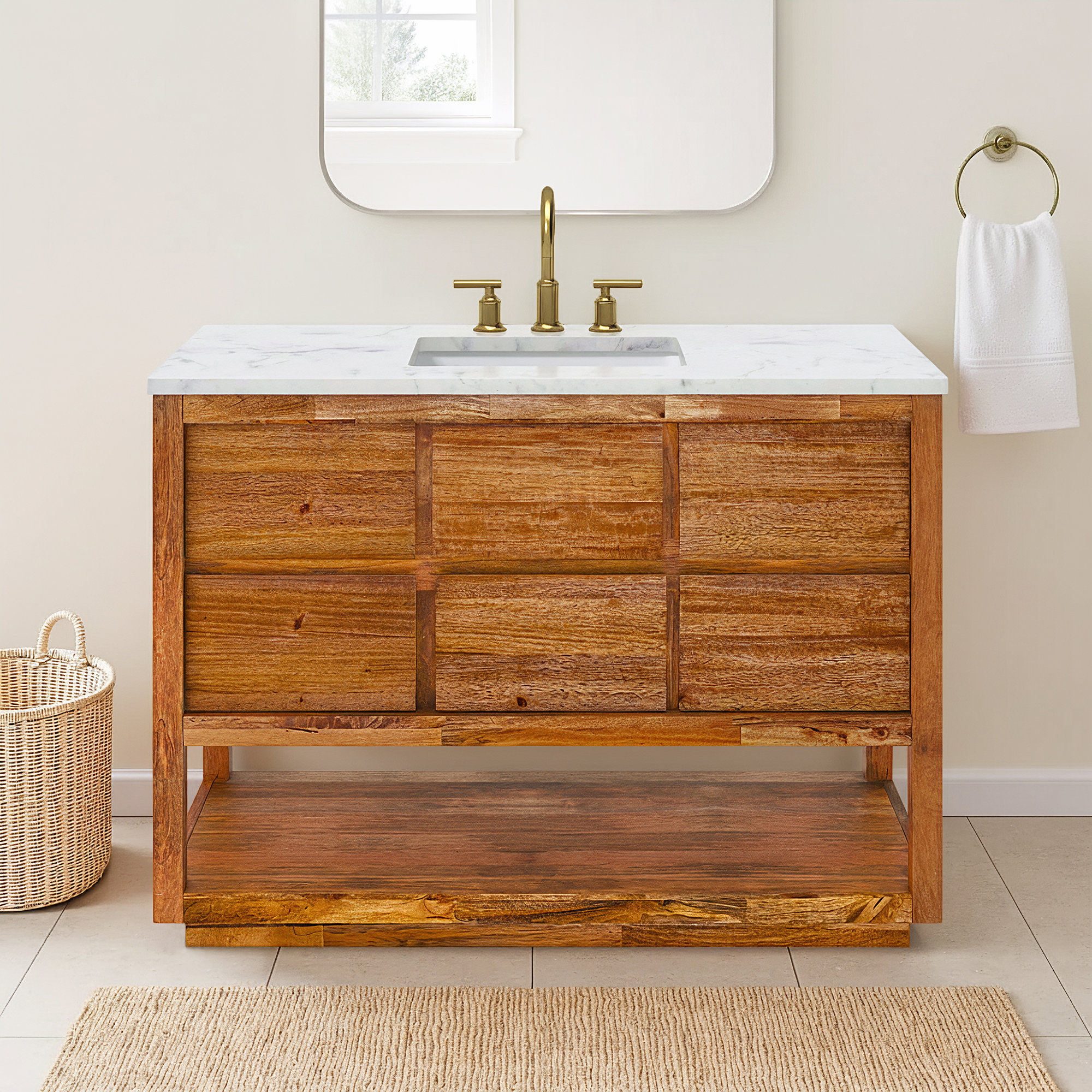 Tessa 48 In. Mango Wood Carrara White Marble Countertop Bath Vanity with Satin Gold Faucet