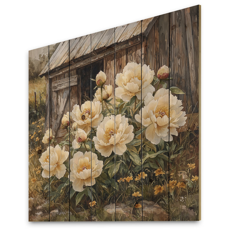 Pivoines par le vieux poulailler I - décoration murale en bois de pivoines - sur bois de pin naturel