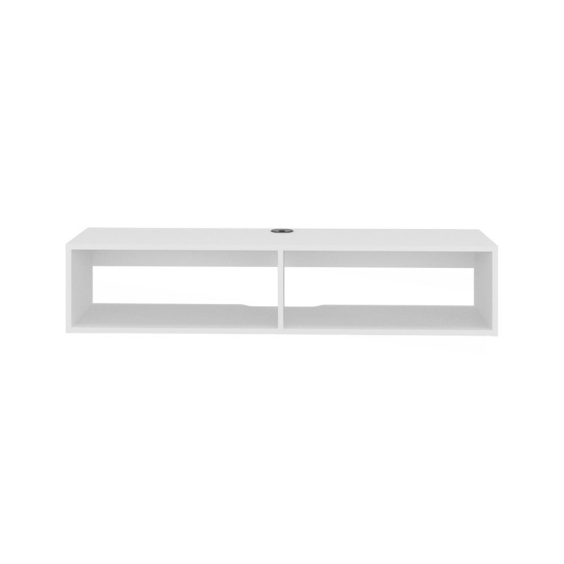 Meuble télé arctique blanc avec tablettes ouvertes pour rangement, design moderne