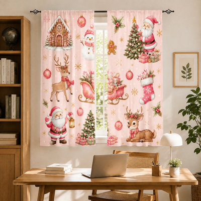 2Pcs Christmas Cartoon Curtains, Cute Santa Claus Snowman Reindeer Gingerbread Man Sleigh Pattern Light Filtering For Living Room Bedroom Kitchen Window Drapes, Holiday Decor