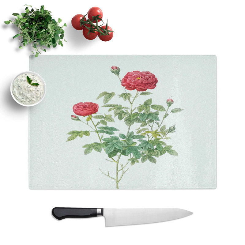 Tempered Glass Burgundy Cabbage Rose Chopping Board, 39 cm W x 28.5 cm L