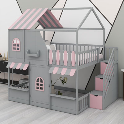 Cadre de lit superposé en bois sur le thème de la maison avec toit, porte et marches de rangement