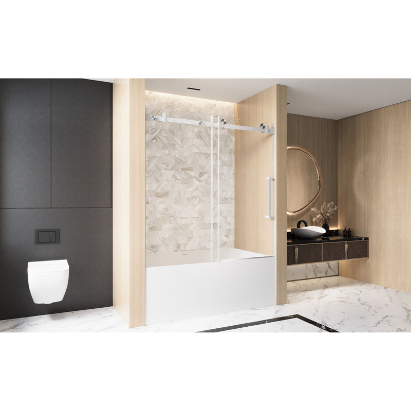 Single Sliding Shower Door For Bathroom Interiors, 56 - 60 "W X 60" H, 1/4 "(6 Mm) Clear Tempered Glass, Preventive Film Layer, Stainless Steel Square Tube Track, Brushed Nickel Large Handle,