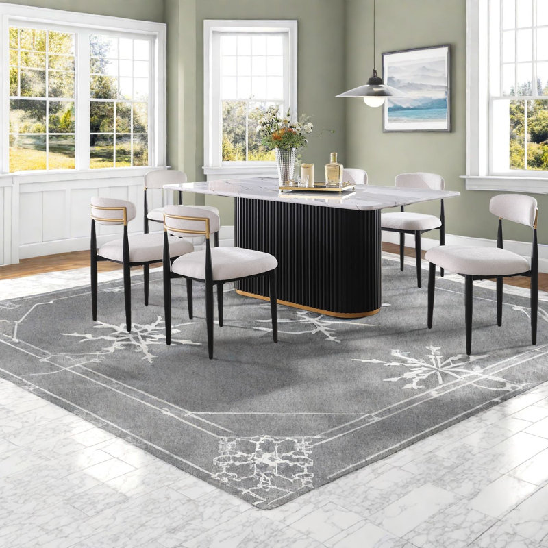 Modern Dining Table Set With Faux Marble, Metal Base & Chenille Chairs For Kitchen & Dining