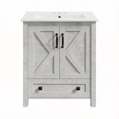 24 Inch Vanity with Ceramic Sink Modern Bathroom Cabinet 2 Doors 1 Drawer Freestanding Storage Contemporary Design