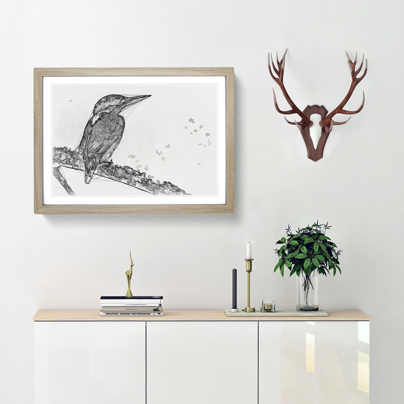 Kingfisher Bird on a Branch - Picture Frame Graphic Art Print, 45cm H x 63cm W x 2cm D, Oak Framed