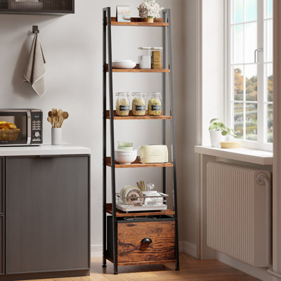 Échelle échelle, bibliothèque échelle avec tiroir, grande bibliothèque industrielle, étagère de rangement, tablettes autoportantes en bois et métal pour le salon, le bureau personnel, la chambre à coucher