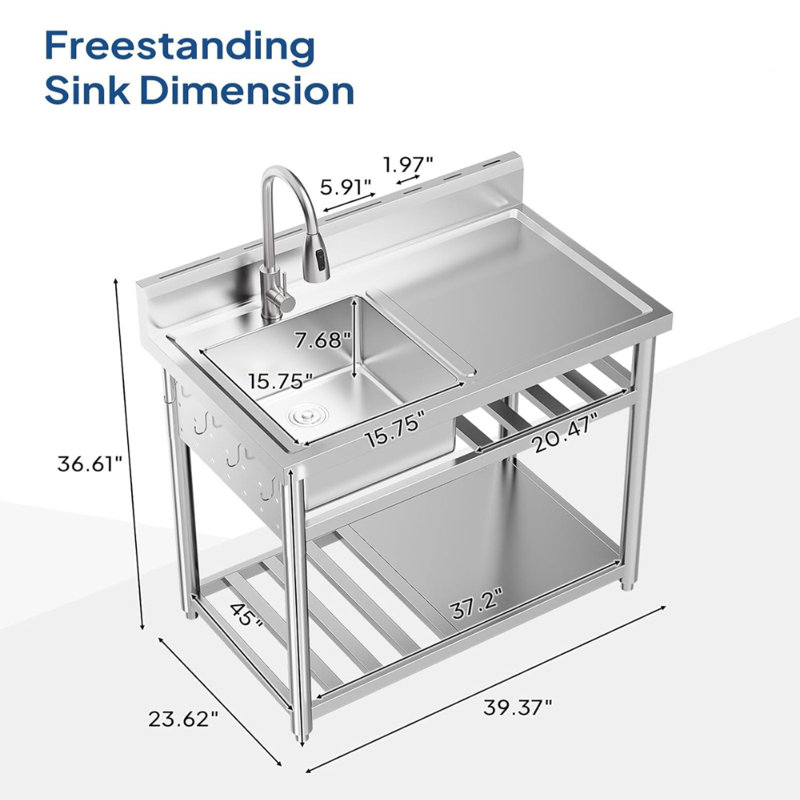 39 In. Freestanding Stainless Steel Single Bowl Kitchen Sink Commercial Laundry/Utility Sink In Silver With Shelves And Hanging Hooks