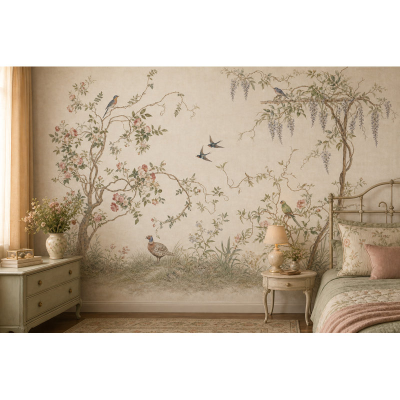 Papier peint botanique chinois discret, 100"x96", Textured Non-Pasted