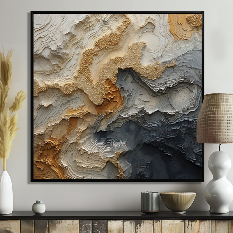 Gold and Beige River Spiral - Print, 44" H x 44" W, Black Floater Framed