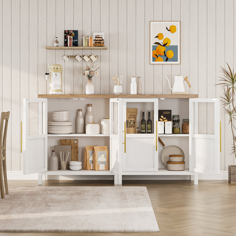 Armoire de rangement Modern Farmhouse, buffet avec 2 portes en verre, tablettes réglables