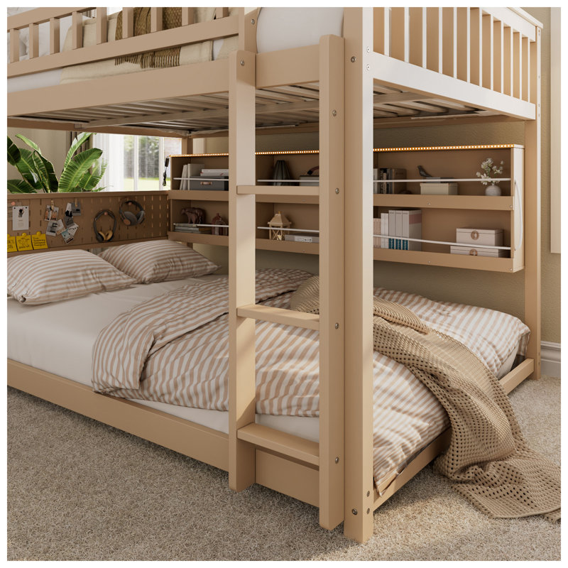 Lucky Furniture 57.3" W x 78.9" D x 57.1" H Pinewood and MDF Full Over Full Bunk Bed with Integrated Shelving, Beige