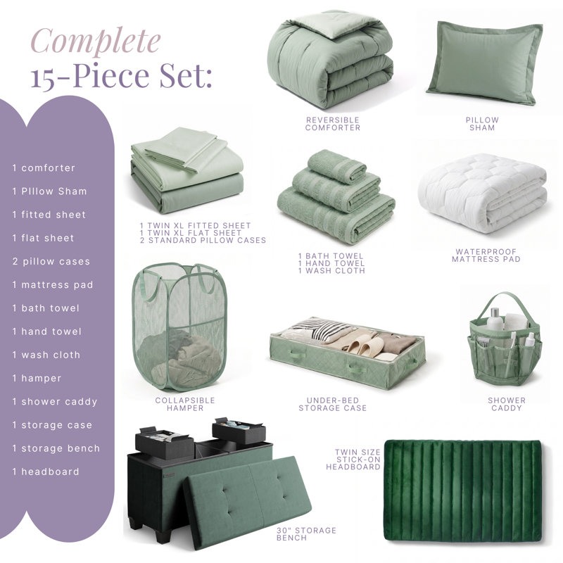 Ensemble de literie de chambre à coucher pour chambre à coucher avec lit escamotable simple et essentiel 15 pièces avec tête de lit roulée et repose-pieds avec rangement AMYX