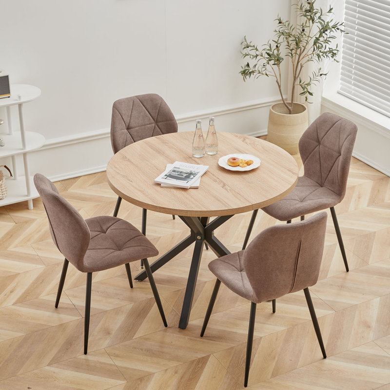 Modern Simple Round Solid Wood Dining Table Set - Set Of 4 Diamond Pattern Velvet Dining Chairs - Metal Legs - For Living Room/Bedroom