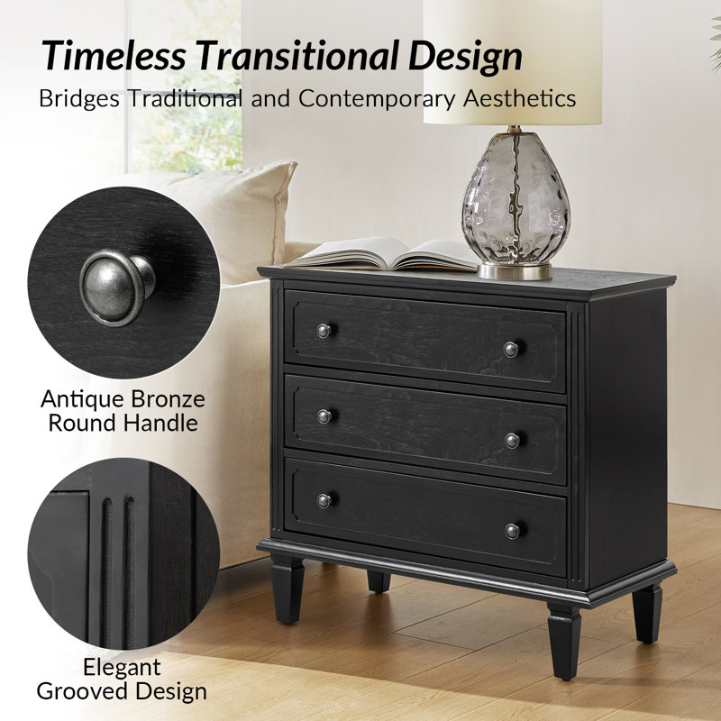 Amberlyn 28.3'' W Transitional 3-Drawer End Table with Built-In Outlet and Solid Wood Legs(Set of 2), Black
