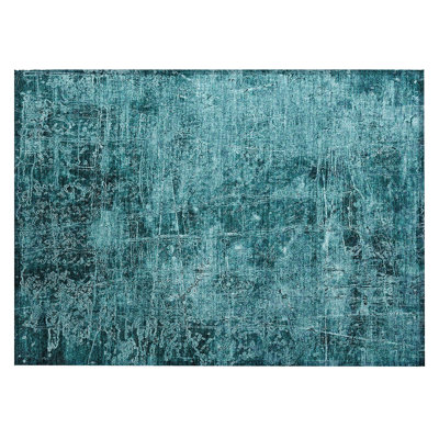2' X 3' Teal Abstract Washable Non Skid Indoor Outdoor Area Rug