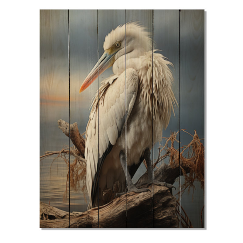 Pélican gris sur fond de pélican sur bois, H 40 po x l 30 po x P 0,78 po