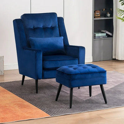 Modern Accent Club Chair with Ottoman, Velvet Upholstered with Black Metal Legs, Armchair with Lumbar Pillow