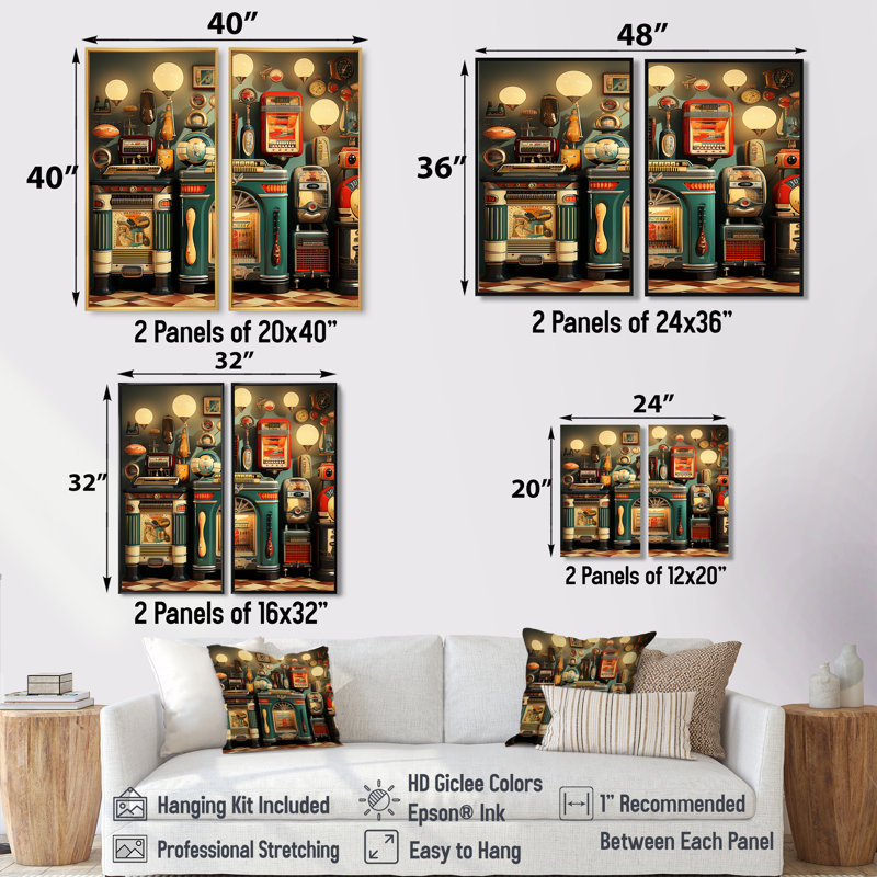 Nostalgic Jukebox Tunes 3 - Modern Canvas Prints 2-Pieces, H 36 po x l 48 po, Impression encadrée flottante, Noir