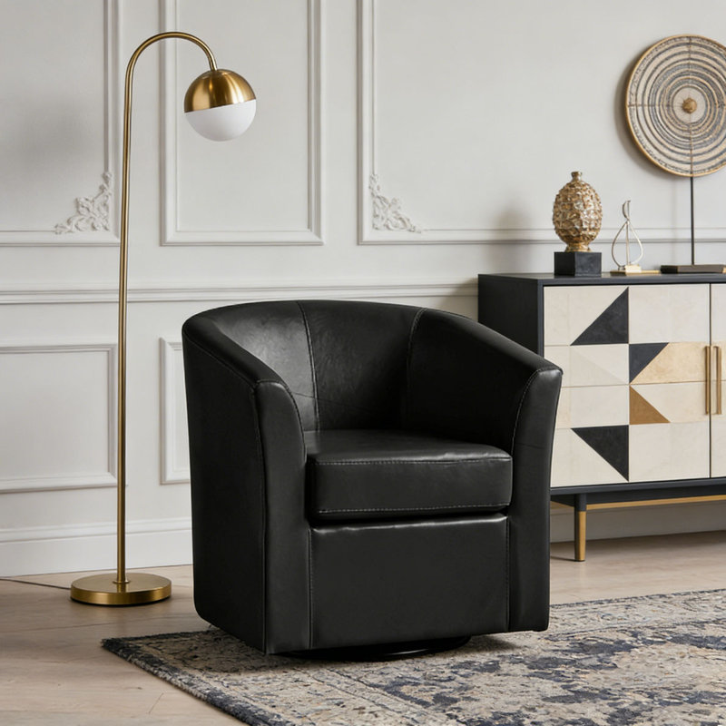 Faux Leather Swivel Barrel Chair, Noir