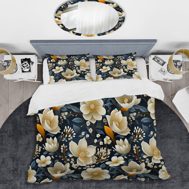 Ensemble de housse de couette floral bleu foncé et blanc à motif de jonquille Allure