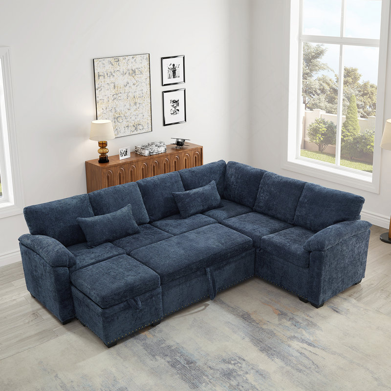 97 Inch L-Shaped Corner Sectional Sofa Couch With Seat And Storage Ottoman,Chenille Fabric Corner Couch With 7 Seats & 2 Pillows For Living Room, Dark Blue