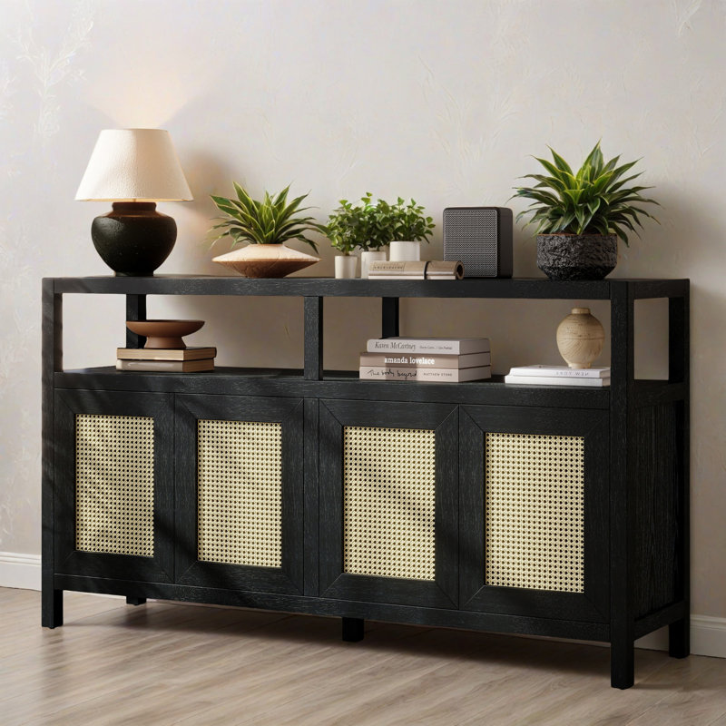Buffet 60,0 po à 4 portes avec tablettes réglables, buffet en bois pour le salon et le vestibule, Noir