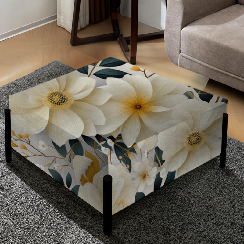 Beige Boho Chic Poppy Blooms I - grand repose-pieds carré floral