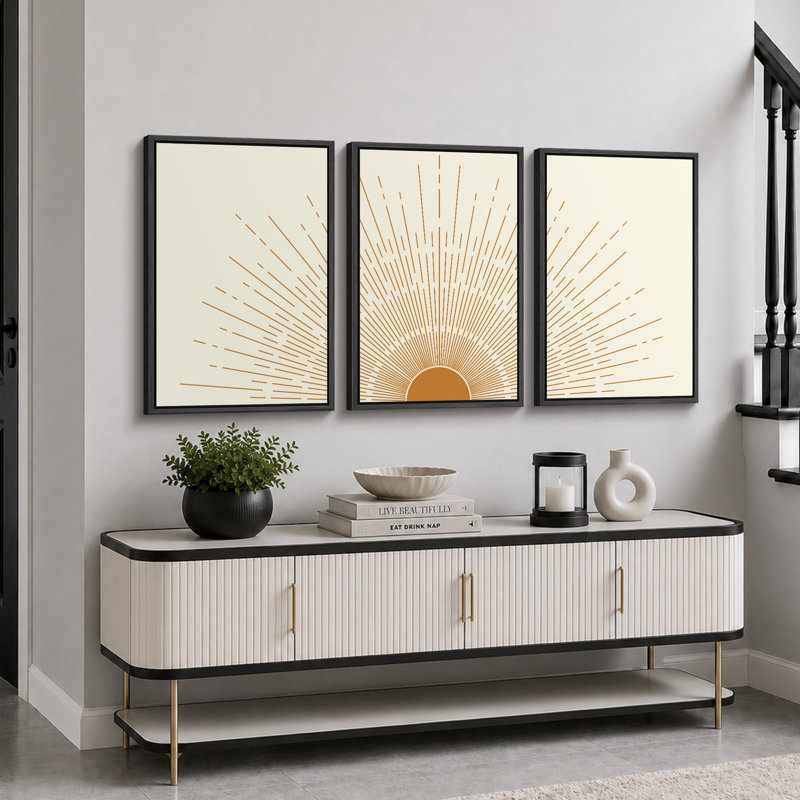 "Bright Orange Boho Sun Burst Artwork, Mid-Century Modern Organic Minimalist Wall Walls", reproduction d'art numérique sur toile encadrée, 3 pièces