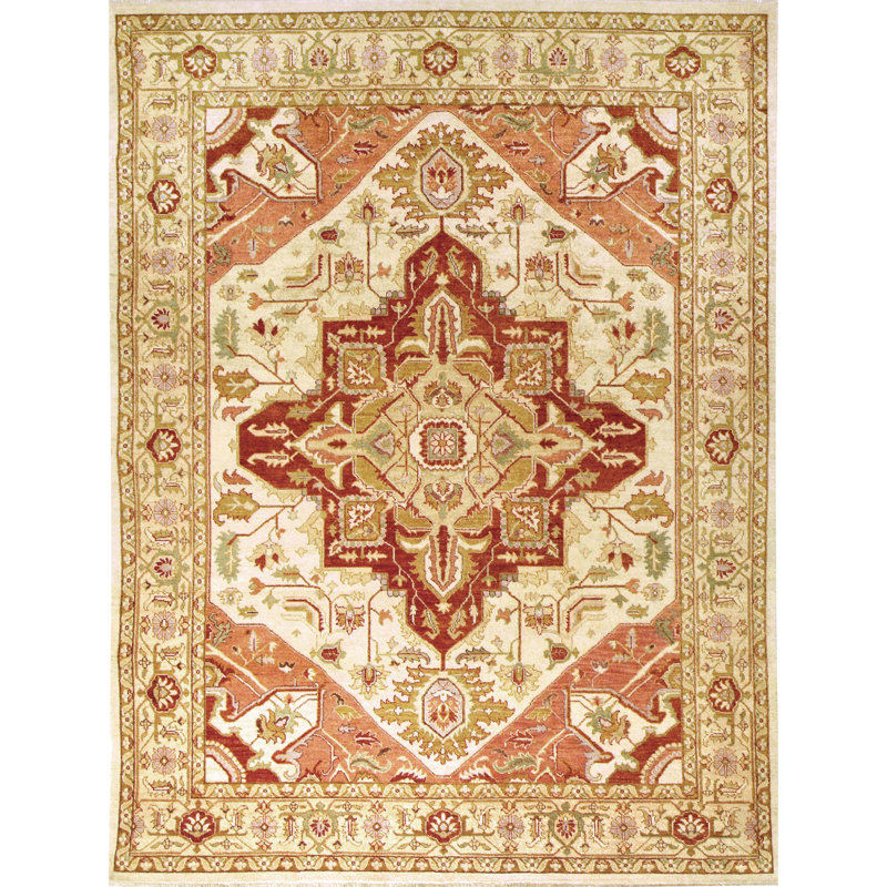 Tapis oriental rectangulaire en laine noué à la main crème / or clair / rouge, Rectangle 6 pi x 9 pi