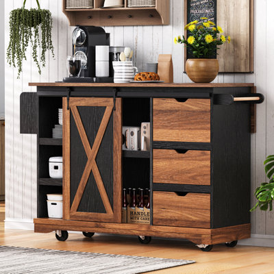 55.5" Farmhouse Kitchen Island with Drop Leaf, Kitchen Storage Island with Barn Door, Power Outlet, Rolling Kitchen Cart on Wheels with Spice Rack, for Home, Kitchen, Dining Room