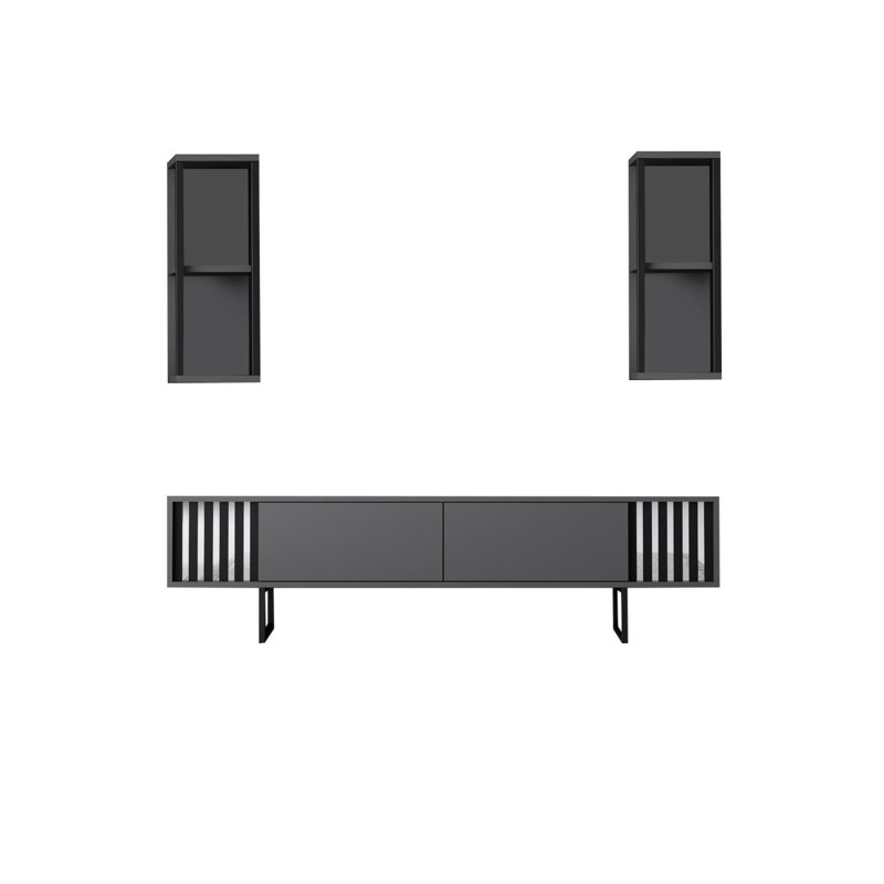 Meuble télé moderne avec pieds en métal, anthracite et noir, 70,9 po x 11,8 po x 18,9 po | 100% panneau de particules enduit de mélamine, épaisseur: 0,71 pouce | Comprend 2 tablettes murales de 8,7 po x 8,3 po x 23,6 po | Design industriel élégant pour le salon