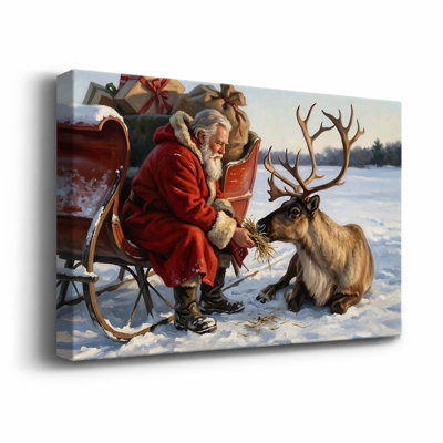 Père Noël nourrissant un renne dans un traîneau enneigé, art mural de Noël