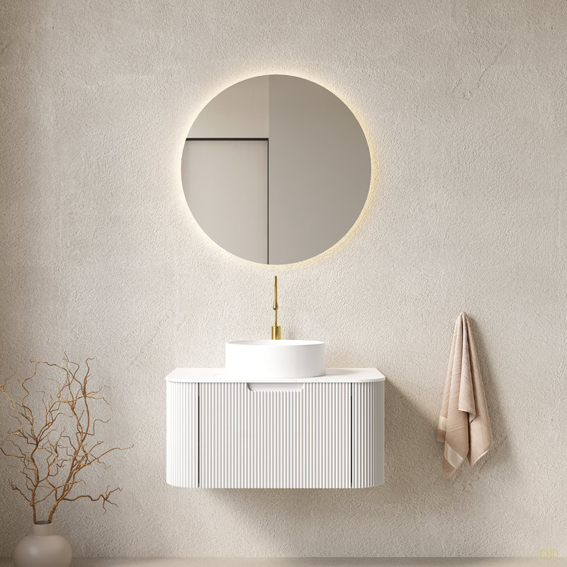 Meuble-lavabo de salle de bain avec lavabo, armoire de rangement de salle de bain murale à bordures courbes et flottantes avec tiroir, lavabo en céramique avec motif de pierre, pré-assemblé