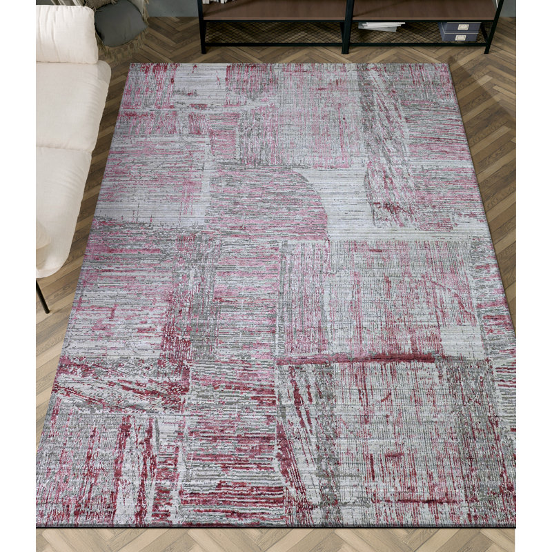 Tapis rectangulaire gris / rouge en laine / viscose tissé à la main, Rectangle 10 pi x 14 pi