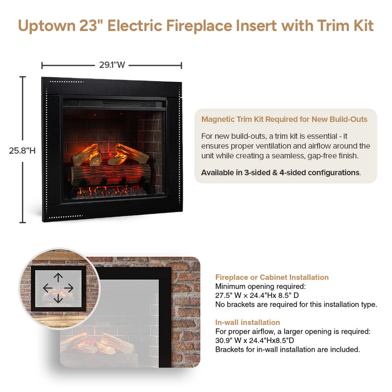 Uptown 33" Infrared Electric Fireplace Insert Heater with Trim Kit, Compatible with Alexa & Google, 23-Inch