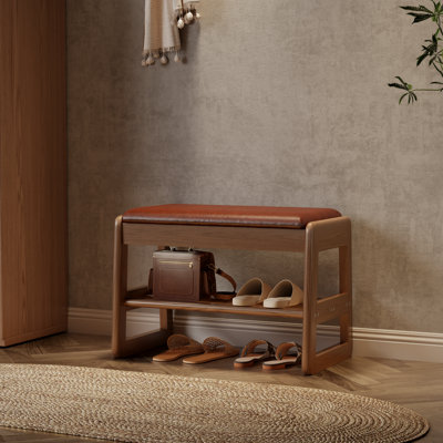 Entryway Bench with Leather Cushion, 2-Tier Entryway Bench with Flip-Top Storage Box, Small Entryway Bench for Hallway, Mudroom, or Bedroom by Rebrilliant