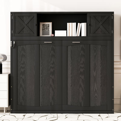 Lit escamotable double avec armoires de rangement, lit escamotable mural en bois de pin rustique, pour chambres d'amis, noir