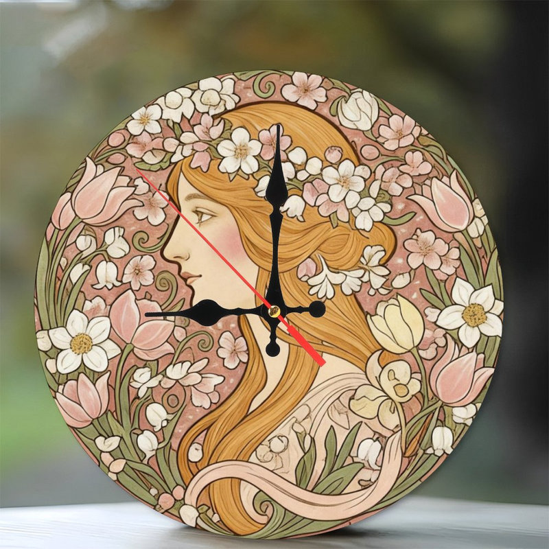 Horloge murale ronde en bois 10 po - Inspiré d'Alphonse Mucha, Été