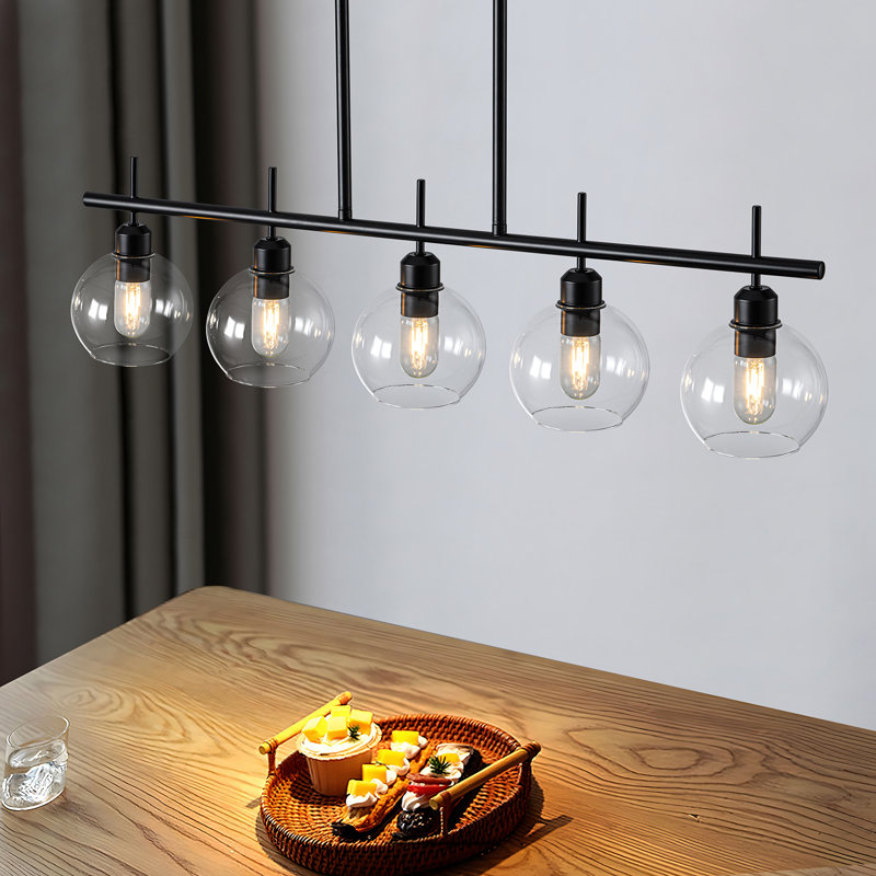 Aaziyah 5-light Modern Kitchen Island Linear Pendant Light With Clear Globe Glass Shades, Matte Black