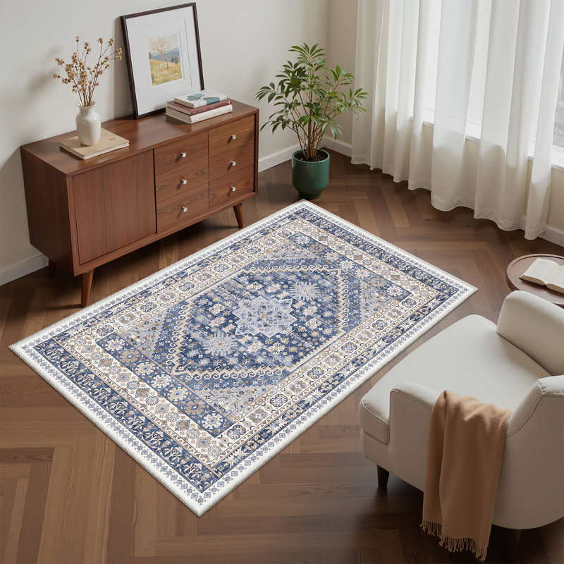 Machine Washable Oriental Floral Non Slip Indoor Area Rug, Blue, Rectangle 200cm x 300cm