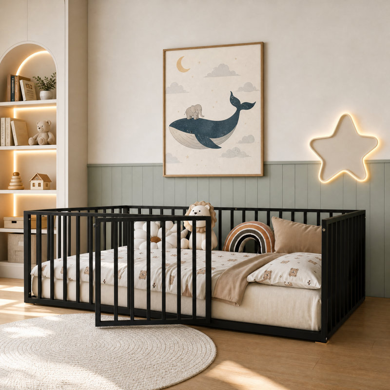 Structure de lit en métal avec clôture et porte, lit simple pour enfant, aucun sommier nécessaire, Black