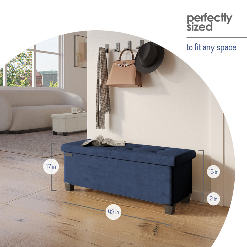 Banc repose-pieds en velours avec rangement amovible Nestl, H 15 po x l 43 po x P 15 po, Bleu